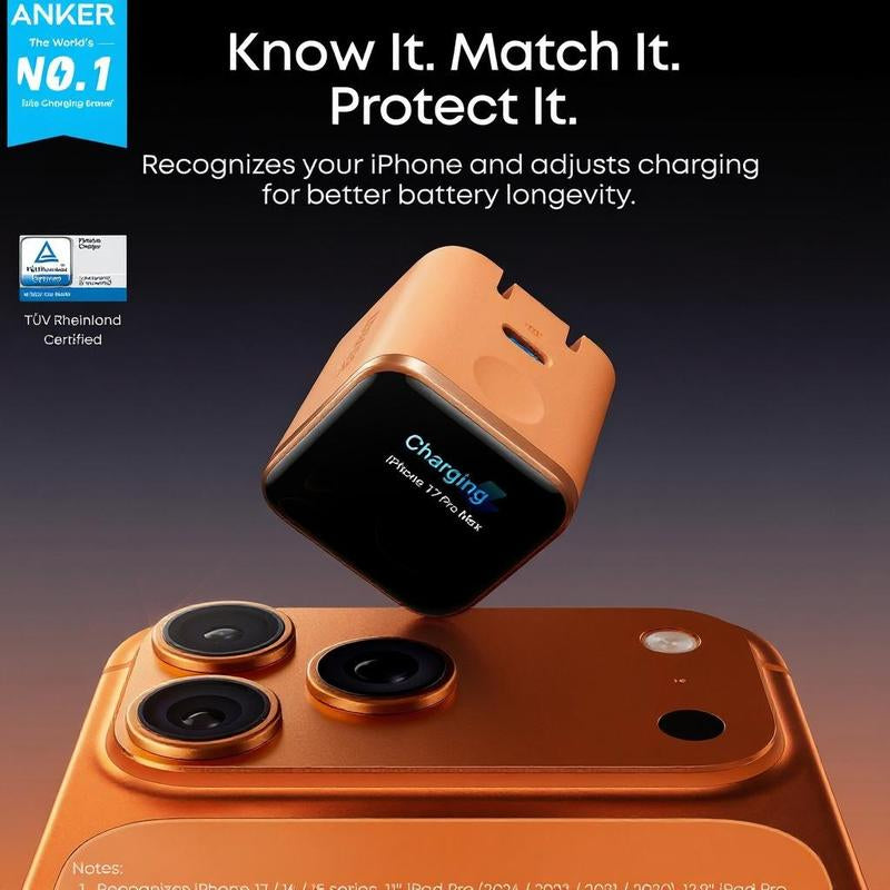 Anker Smart Display Charger, Anker Nano 45W Fast Charging USBC Charger with Smart Recognition, Built-In Care Mode, Compact with 180° Foldable Plug, for Iphone 17/16/15 Series, Macbook, Apple Watch