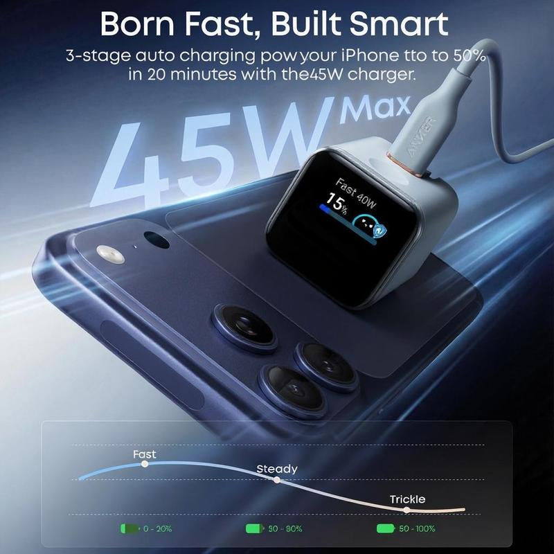 Anker Smart Display Charger, Anker Nano 45W Fast Charging USBC Charger with Smart Recognition, Built-In Care Mode, Compact with 180° Foldable Plug, for Iphone 17/16/15 Series, Macbook, Apple Watch